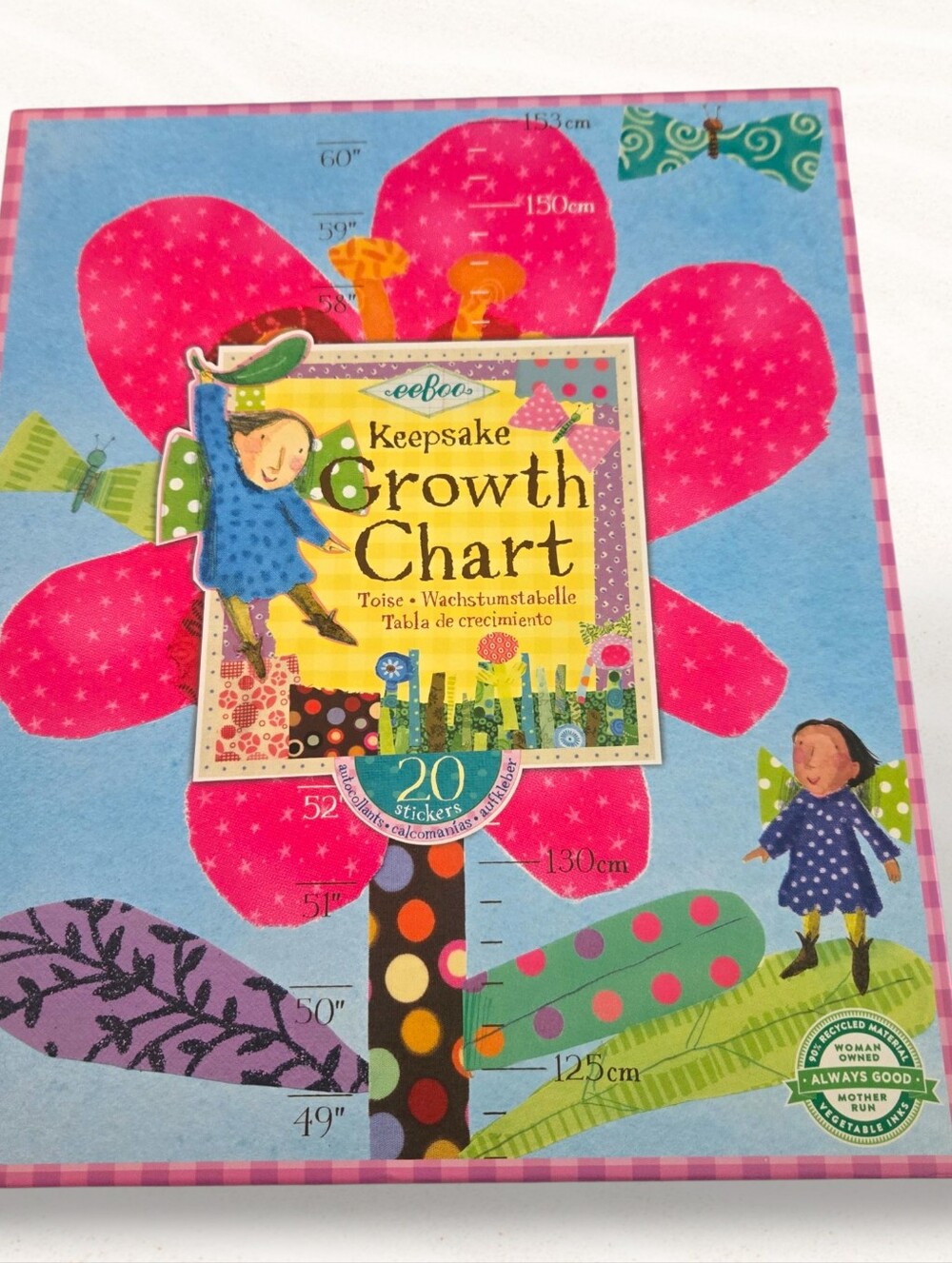eeBoo Keepsake Hanging Growth Chart Hot Pink Flower + 20 Stickers New In Box